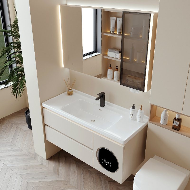 熠达工厂直销带洗烘一体洗衣机浴室柜组合奶油风陶瓷一体盆洗手台