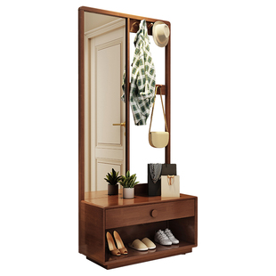 实木落地衣帽架带穿衣镜换鞋凳一体挂衣架家用客厅入户卧室收纳架