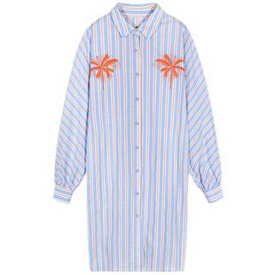 落落狷介2025春季新款女装长袖条纹衬衫式连衣裙刺绣小个子衬衫裙