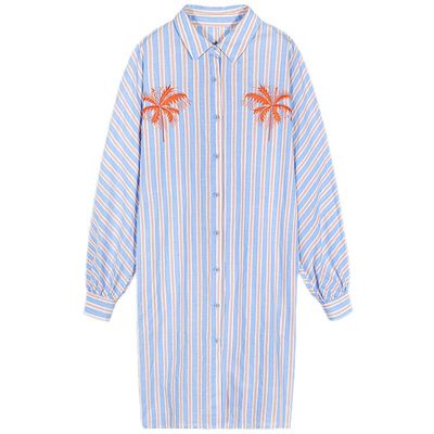 落落狷介条纹刺绣衬衫式连衣裙女