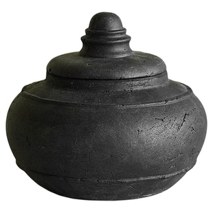 栗石中式仿古老式黑色土陶罐摆件样板间装饰侘寂风粗陶储物收纳罐