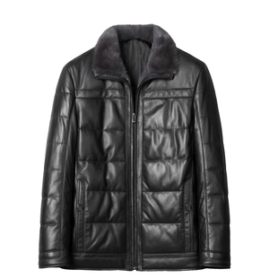 海宁真皮羽绒服男绵羊皮短款水貂毛领中老年爸爸加绒皮夹克外套冬