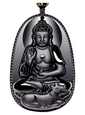 天然黑曜石吊坠生肖本命佛项链