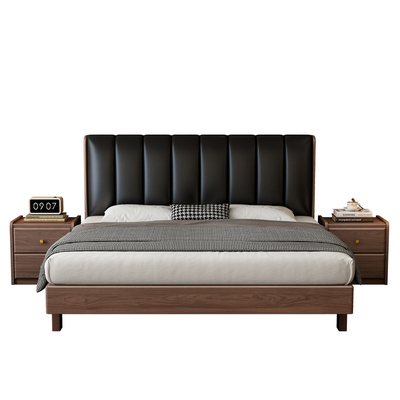 实木床黑胡桃木双人床现代简约实木真皮床家用卧室床2025年新式床