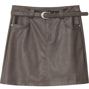 复古PU皮半身裙女高腰简约百搭显瘦A字裙防走光内衬气质小皮短裙