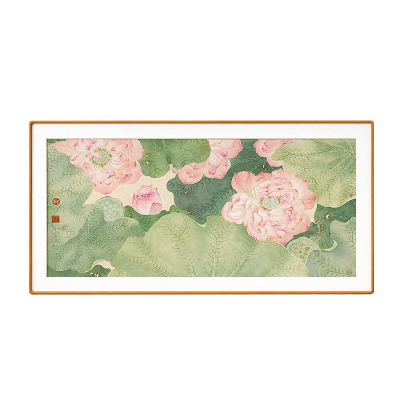 冰青荷花水墨荷塘实木装饰画