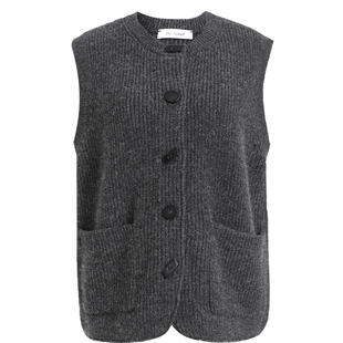 the rumah灰色粗棒针羊毛马甲 异形牛角扣纯羊毛针织马甲开衫
