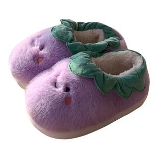 女士冬季毛绒绒全包跟茄子棉拖鞋可爱卡通家居防滑保暖月子软底鞋