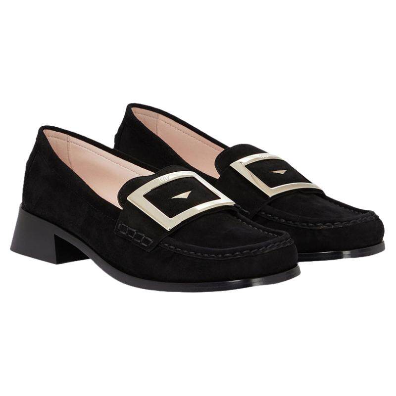 Roger Vivier/罗杰·维维亚女士黑色绒面山羊皮带徽标搭扣乐福鞋