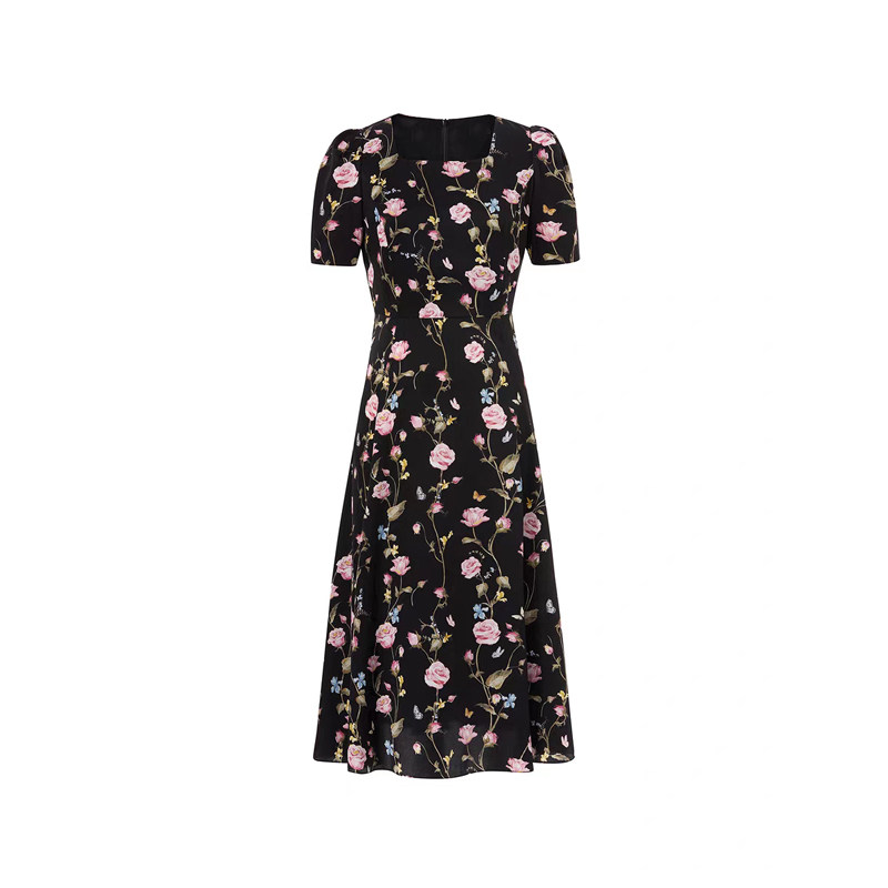 桑蚕丝气质玫瑰印花短袖连衣裙子