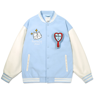 GUUKA潮牌刺绣棒球服男新款 爱心魔术贴夹克拼接PU皮落肩外套宽松