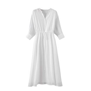 晚白2026春季新款小个子白色气质月光裙莱赛尔天丝中袖连衣裙女