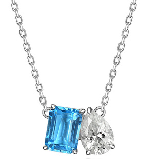 天然瑞士蓝托帕石耳钉女 925纯银水滴莫桑石双主石锁骨项链链简洁