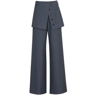 夏莫卡时髦真两件裙帘裤微喇直筒裤铜氨天丝羊毛灰色西装裤女9718