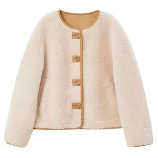 三彩女装2025冬季新款绵羊毛皮草羊羔毛外套圆领短款小个子女M