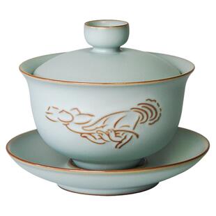 青澹汝窑三才盖碗茶杯开片可养家用泡茶碗景德镇汝瓷功夫茶具手工