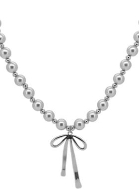 灰色蝴蝶结珍珠款项链小众设计