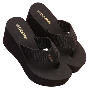 宝人厚底人字拖女外穿2025夏新款8cm增高坡跟5黑色夹脚海边凉拖鞋