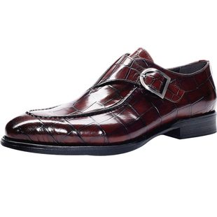鳄鱼纹男士皮鞋软皮软底 年轻款搭扣潮鞋酒红色商务正装孟克鞋男