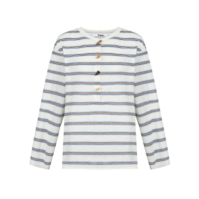 范洛miu系牛角扣慵懒条纹T恤女