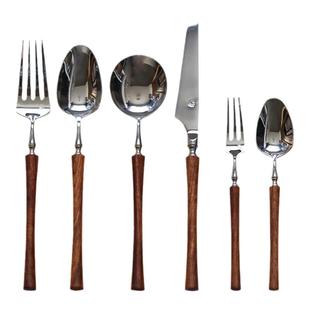 法式复古不锈钢西餐刀叉套装牛排刀叉勺子甜品勺实木柄高颜值餐具