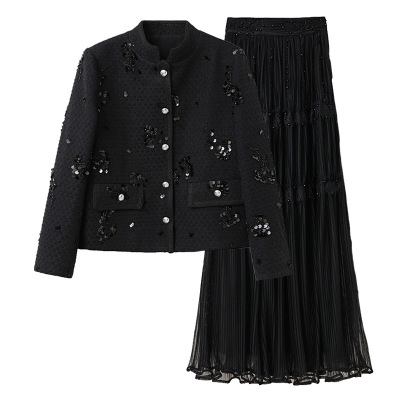 名媛钉珠刺绣羊毛呢外套半裙套装