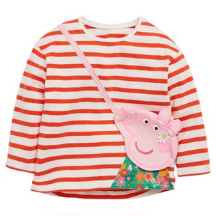 女童条纹长袖T恤宝宝挎包上衣儿童纯棉春秋装小童婴儿体恤衫小猪8