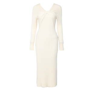 DPLAY【惠品】秋季新款气质白色连衣裙女长款针织裙子长袖