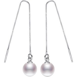 黛米珠宝 简傲 8-9mm白色正圆淡水珍珠耳环耳坠长耳线S925银耳钉