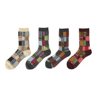 Tabio彩色拼撞袜子女中筒袜含羊毛无骨女袜百搭ins潮袜黑白色长袜