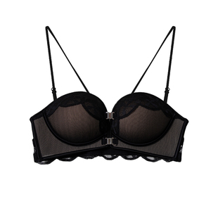 超细肩带可外露双前扣小胸显大聚拢内衣女性感透黑色蕾丝美背文胸