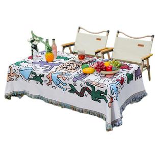 棉麻野餐垫桌布露营草坪美式卡通户外沙发毯子波西米亚风装饰毛毯