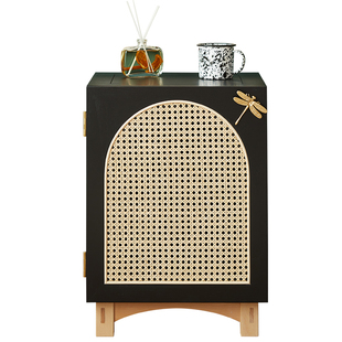 实木藤编床头柜橡木卧室小型储物柜网红民宿摆件实木床边柜收纳