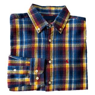 新款rl磨毛黄蓝色格纹衬衫男士复古美式老钱风经典款修身格子衬衣