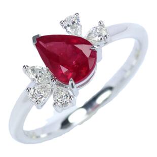 蝴蝶兰G18K白金缅甸天然鸽血红宝石戒指 1克拉水滴形镶钻石女款