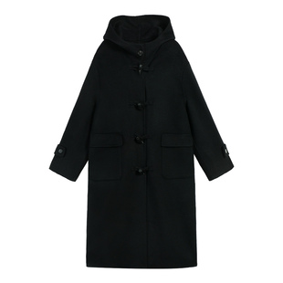 pusumede【现货6折】牛角扣全羊毛大衣女连帽双面呢长款毛呢外套