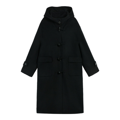 连帽双面毛呢大衣单排羊角扣