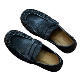 复古褶皱乐福鞋男一脚蹬鳗鱼真皮懒人单鞋做旧羊皮豆豆鞋休闲皮鞋