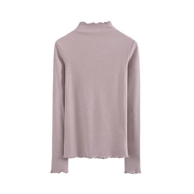 半高领修身荷叶边德绒纯色长袖