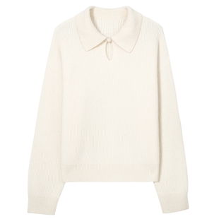 伊芙丽outlets店米色盘扣镂空羊毛针织衫春秋新年圣诞套头毛衫女