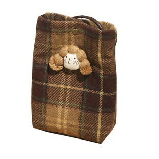 复古格子毛呢手机包女卡通挂件随身布包冬迷你小包百搭单肩斜挎包