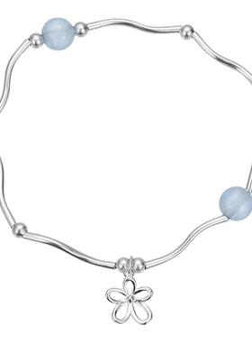 S925银ins风弯管蓝色串珠花朵手串女韩版小众弹力绳手饰潮