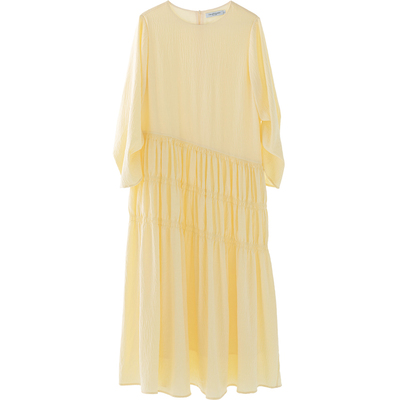 CR奶油黄褶皱倾斜打揽设计款长裙