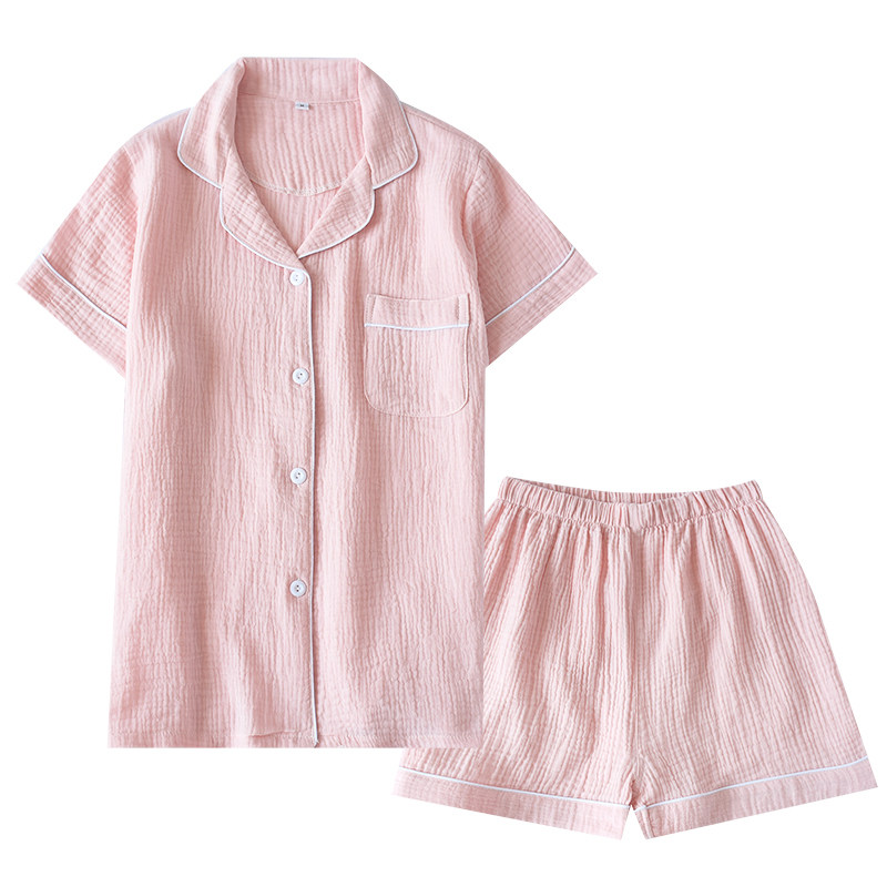 日系睡衣夏季女士纯棉绉布短袖短裤薄款纯色大码全棉家居服两件套