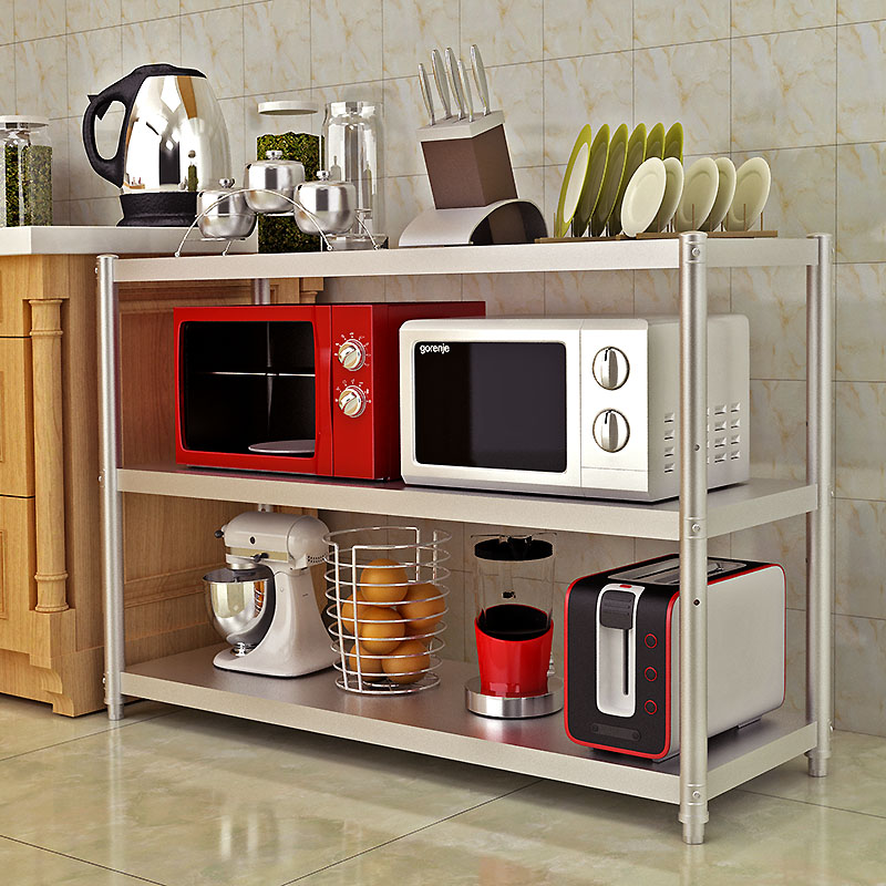 不锈钢厨房置物架落地3多层放锅架子4微波炉收纳架储物架家用货架