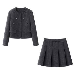 小香风毛呢外套套装女2026春装新款学院风百褶短裙两件套