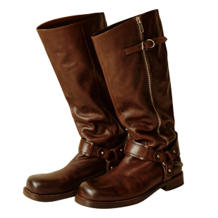 Le' Murmure 冬季新款植鞣牛皮圆头气质长筒靴粗跟拉链女靴时装靴