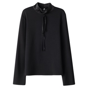 FANLE STUDIOS 高品醋酸羊毛拼接立领绑带气质加绒打底针织衫T恤