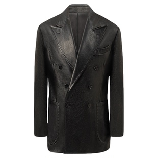 CULTUM意式复古擦色洗水工艺双排扣戗驳领皮衣休闲夹克西装外套男