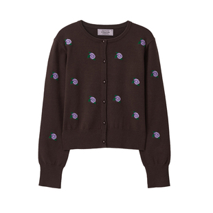 ROLAROLA春季复古玫瑰刺绣开衫女外搭圆领长袖针织外套